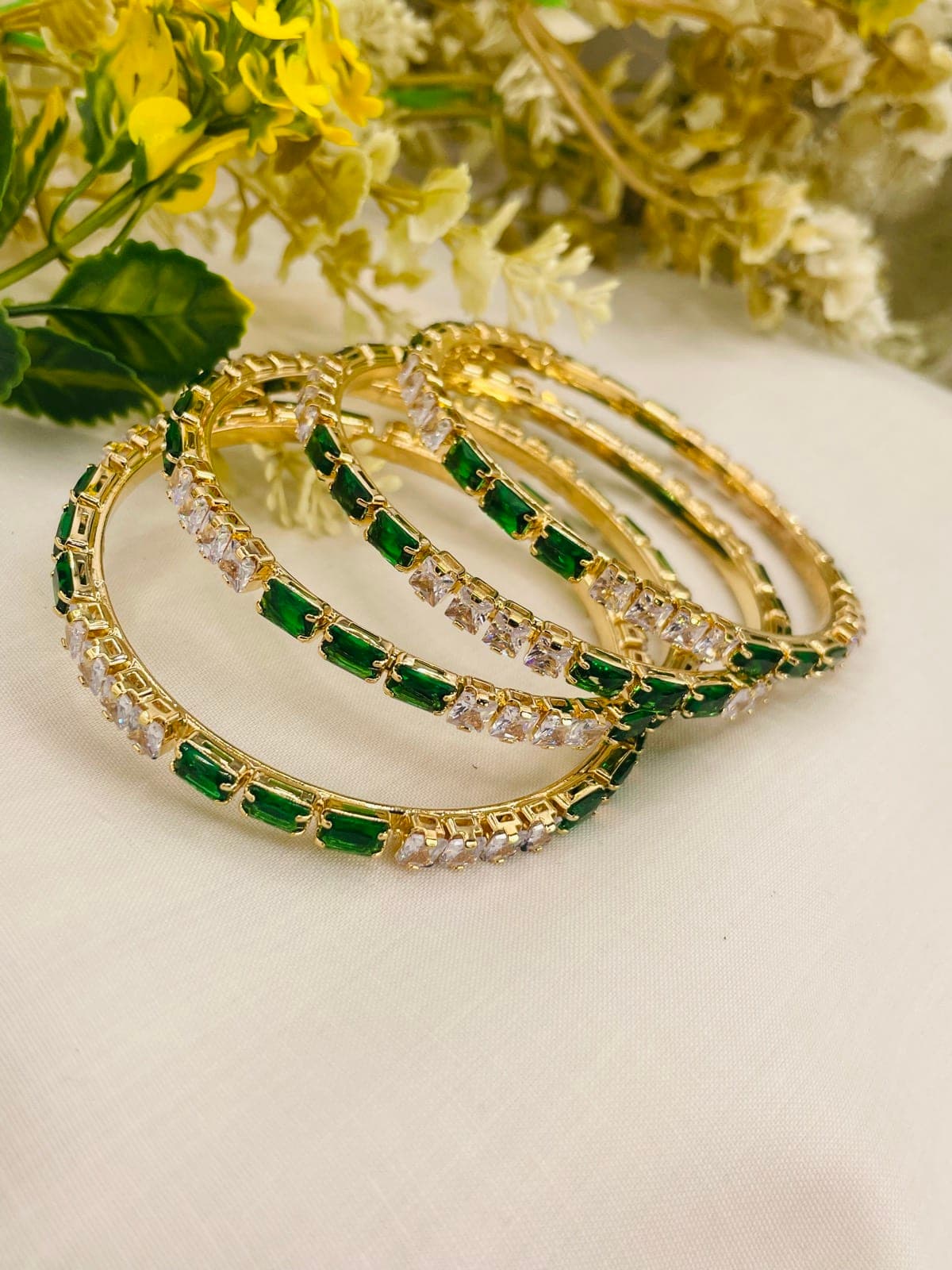 Emerald Green Crystal Gold Bangle Set