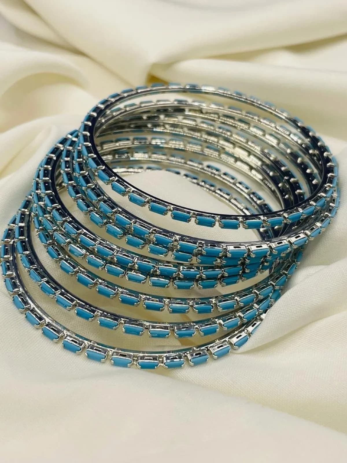 Sky Blue Crystal Silver Bangle Set