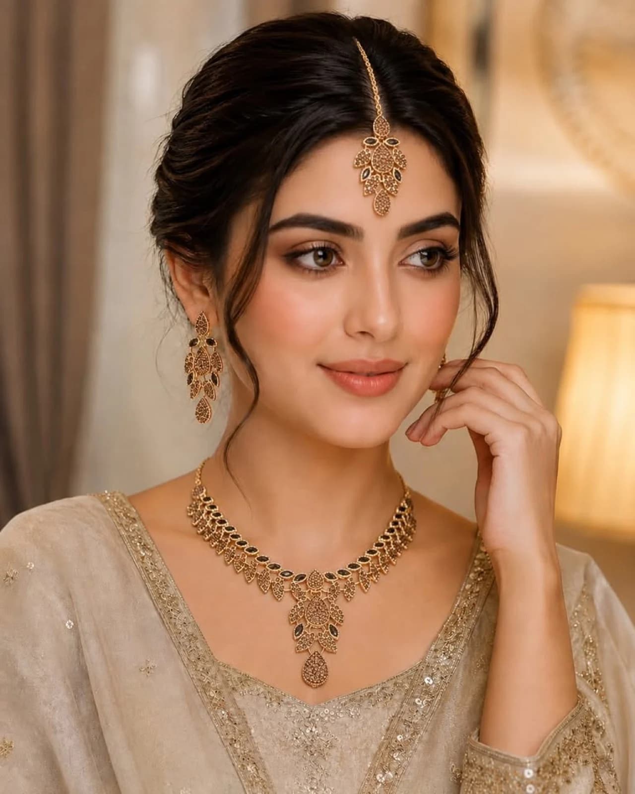 Elegant woman wearing an elaborate gold statement choker necklace and drop earrings
